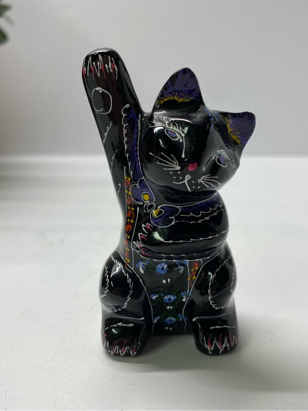 2004 Maneki Neko "Good Luck Cat" by Nanci, Black Painted with Left Paw Raised